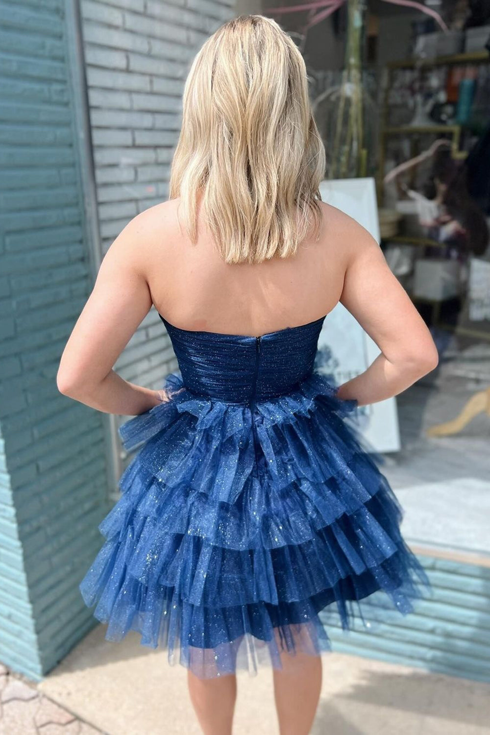 Sparkly A-Line Navy Strapless Tiered Short Homecoming Dress/Mini Dress