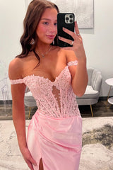Long Satin Prom Dress in Pink with Off-the-Shoulder Corset and Lace