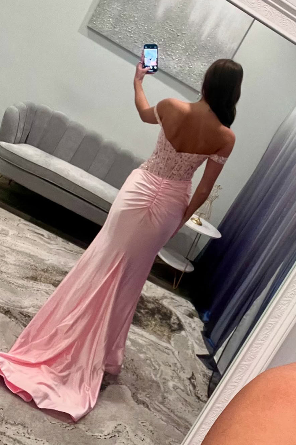 Long Satin Prom Dress in Pink with Off-the-Shoulder Corset and Lace