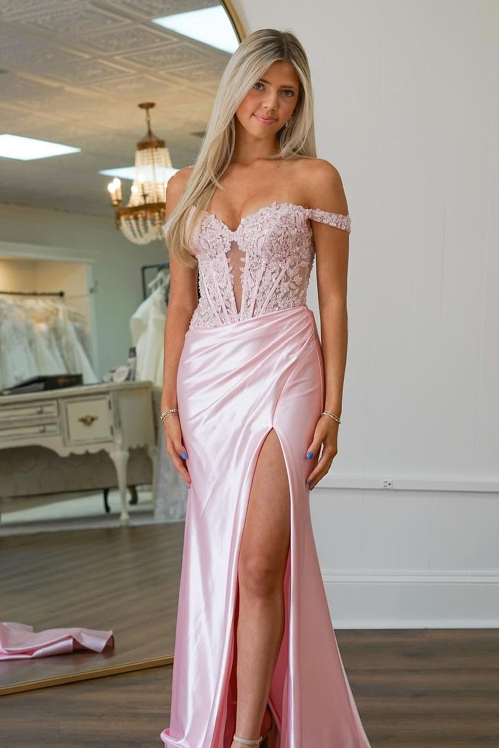 Satin Mermaid Prom Dress with Appliques in Blush Off-the-Shoulder Corset Style