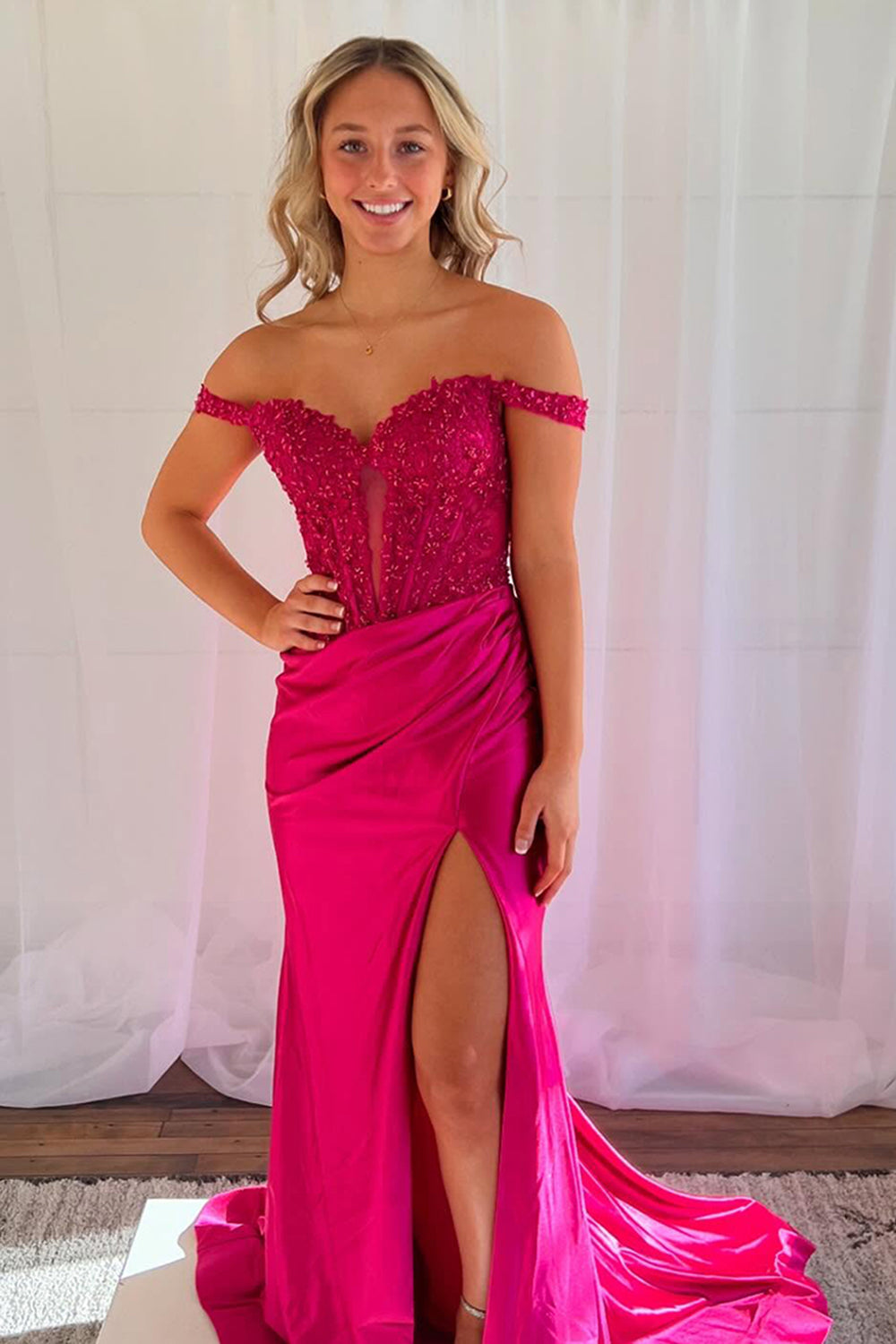 Long Fuchsia Satin Corset Prom Dress with Off-Shoulder Lace