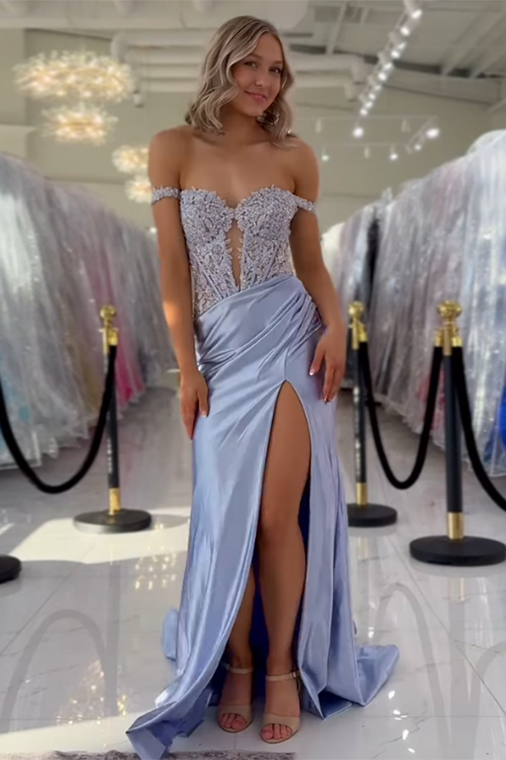 Satin Mermaid Prom Dress with Appliques in Blush Off-the-Shoulder Corset Style