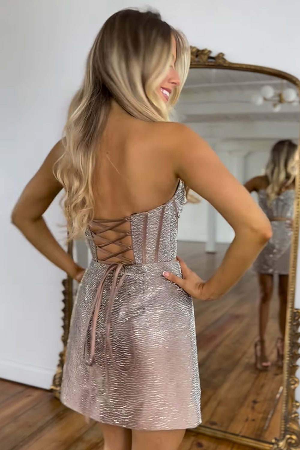 Sparkly Strapless Rose Gold Tight Corset Short Homecoming Dress/Mini Dress
