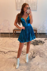 A-Line Blue Spaghetti Straps Metallic Short Homecoming Dress/Mini Dress