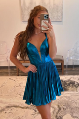 A-Line Blue Spaghetti Straps Metallic Short Homecoming Dress/Mini Dress