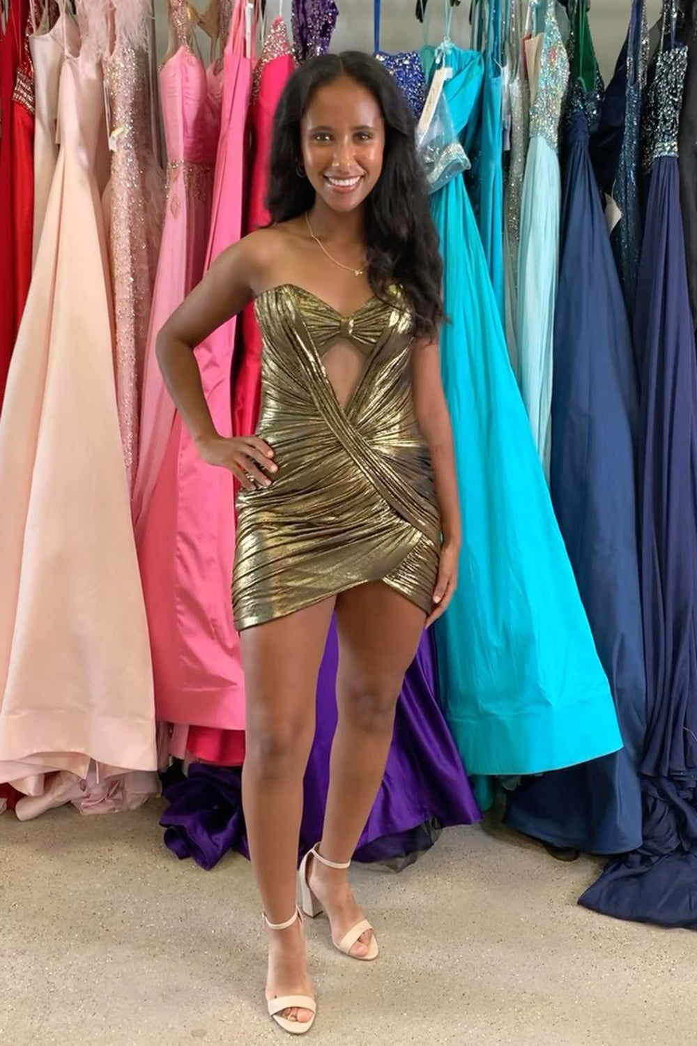 Fuchsia Strapless Tight Metallic Short Homecoming Dress/Mini Dress with Keyhole