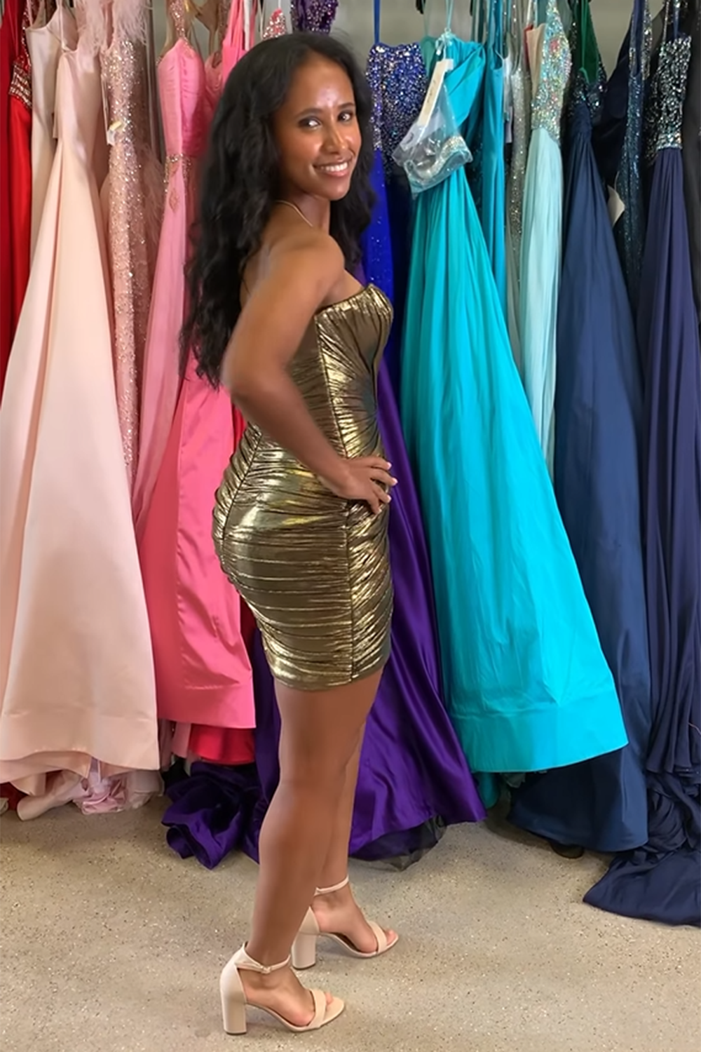Fuchsia Strapless Tight Metallic Short Homecoming Dress/Mini Dress with Keyhole