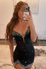 Sparkly Black Strapless Corset Short Homecoming Dress/Mini Dress with Beadings