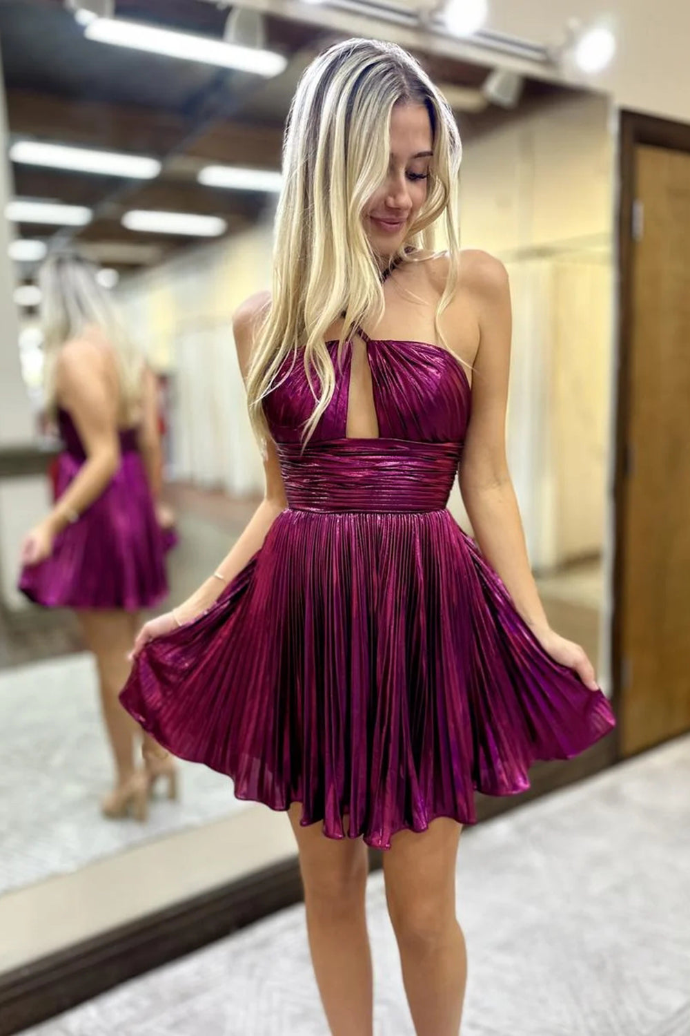 Fuchsia A-Line Metallic Short Pleated Homecoming Dress/Mini Dress