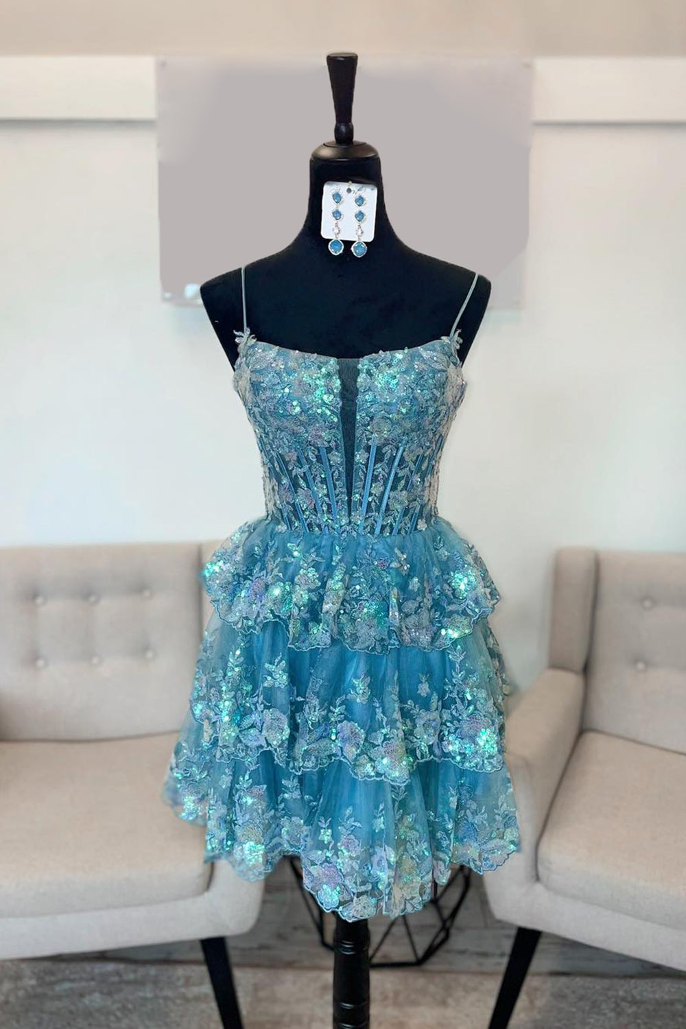 Sparkly Blue A Line Corset Tiered Short Homecoming Dress/Mini Dress