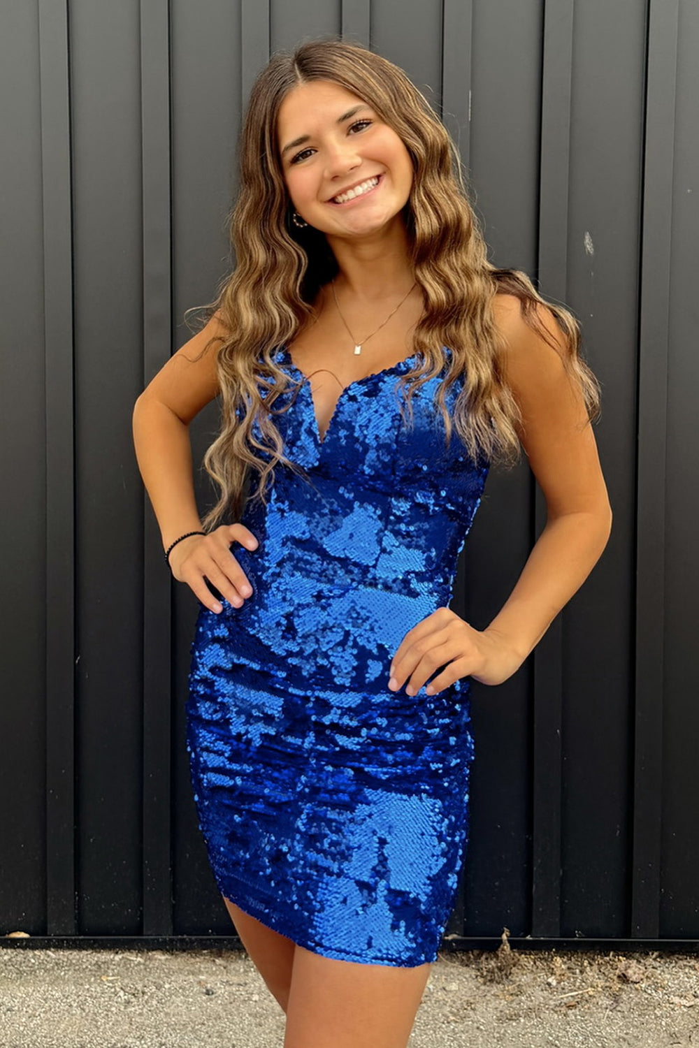 Royal Blue Spaghetti Straps Tight Short Homecoming Dress/Mini Dress with Sequins