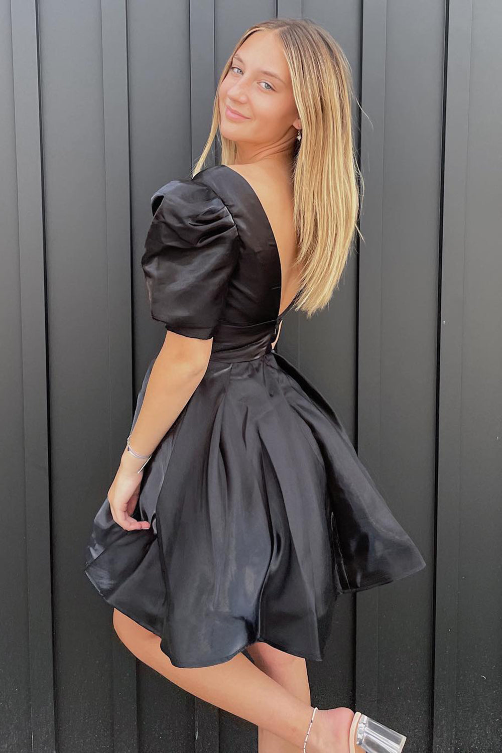 A-Line Black V-neck Short Homecoming Dress/Mini Dress with Puff Sleeves