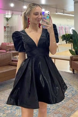 A-Line Black V-neck Short Homecoming Dress/Mini Dress with Puff Sleeves
