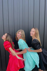 A-Line Black V-neck Short Homecoming Dress/Mini Dress with Puff Sleeves