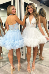 A-Line White Halter Tulle Short Homecoming Dress/Mini Dress with Appliques