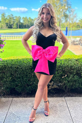 Spaghetti Straps Black Bodycon Short Homecoming Dress/Mini Dress with Bow