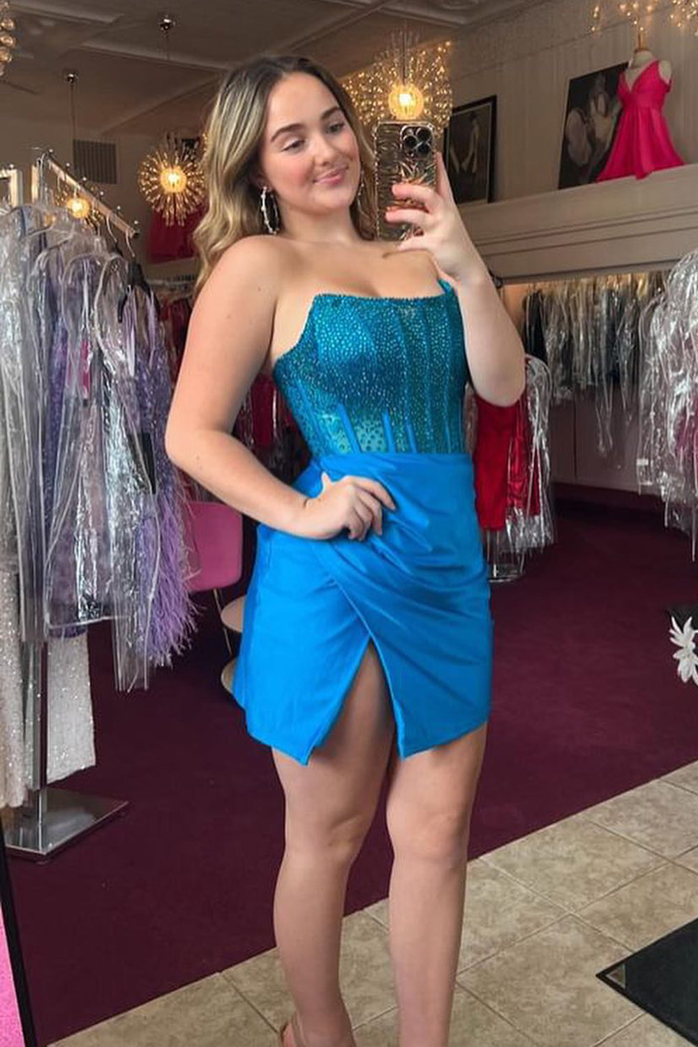 Strapless Blue Bodycon Corset Short Homecoming Dress/Mini Dress with Beading