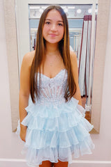 A-Line Light Blue Sweetheart Corset Short Homecoming Dress/Mini Dress with Ruffles