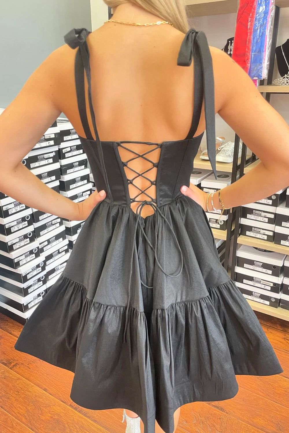 A-Line Black Adjustable Straps Corset Short Homecoming Dress/Mini Dress with Ruffles