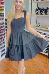 A-Line Black Adjustable Straps Corset Short Homecoming Dress/Mini Dress with Ruffles