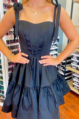 A-Line Black Adjustable Straps Corset Short Homecoming Dress/Mini Dress with Ruffles