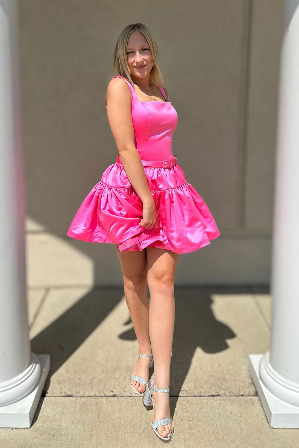 A-Line Pink Square Neck Ruffles Short Homecoming Dress/Mini Dress with Belt