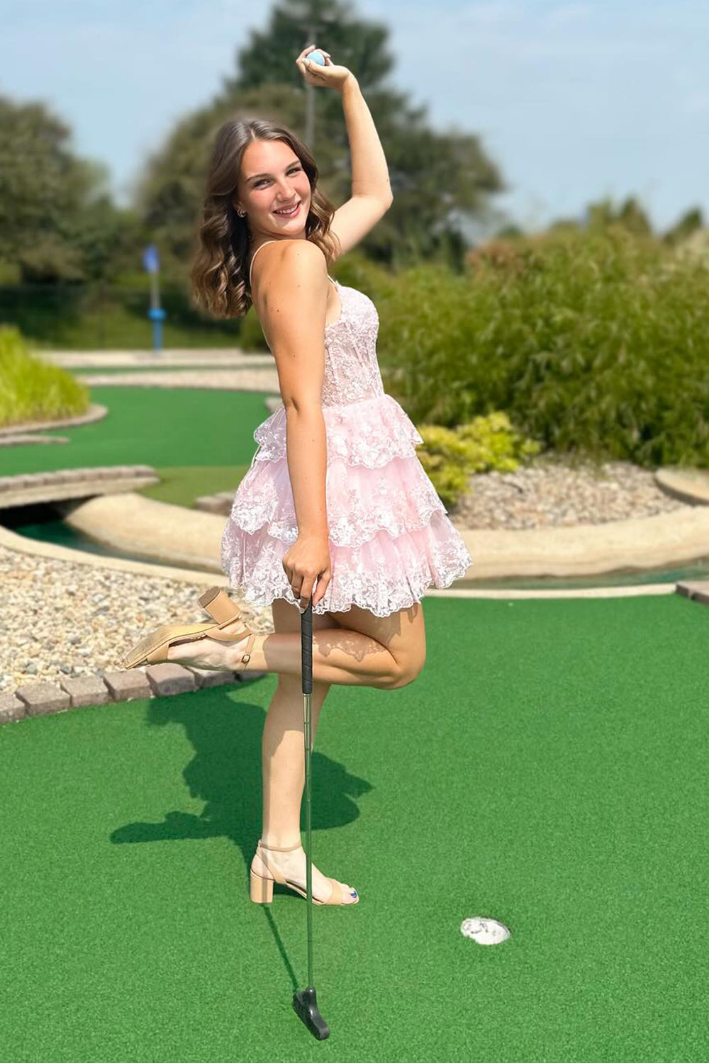 Sparkly A Line Pink Corset Short Homecoming Dress/Mini Dress with Lace-Up Back