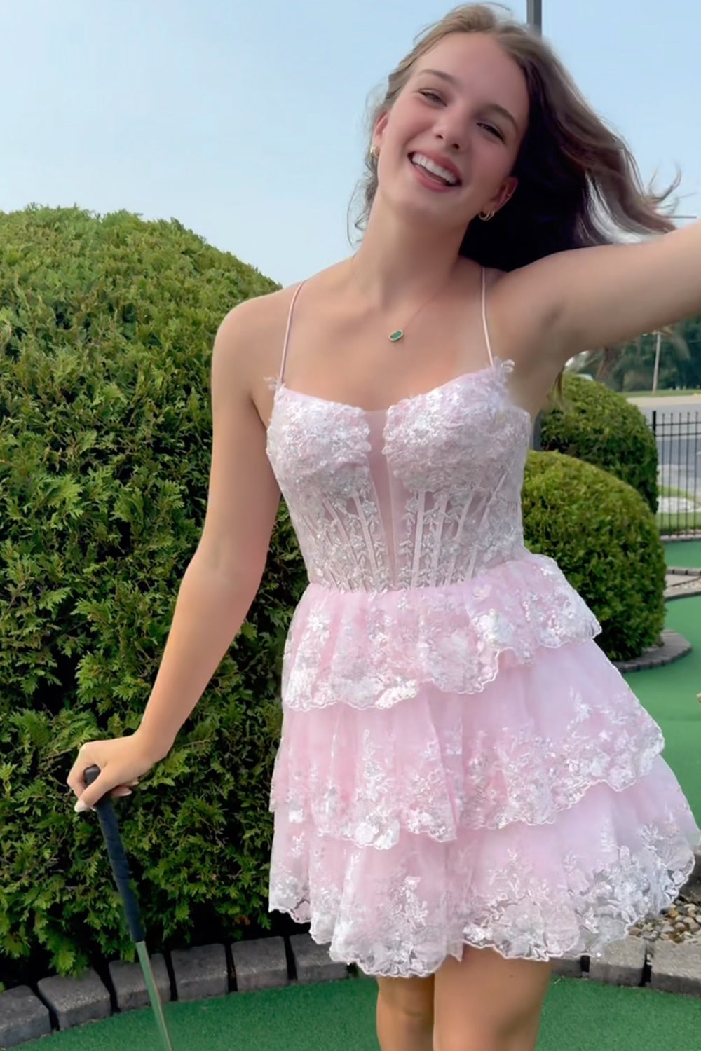 Sparkly A Line Pink Corset Short Homecoming Dress/Mini Dress with Lace-Up Back