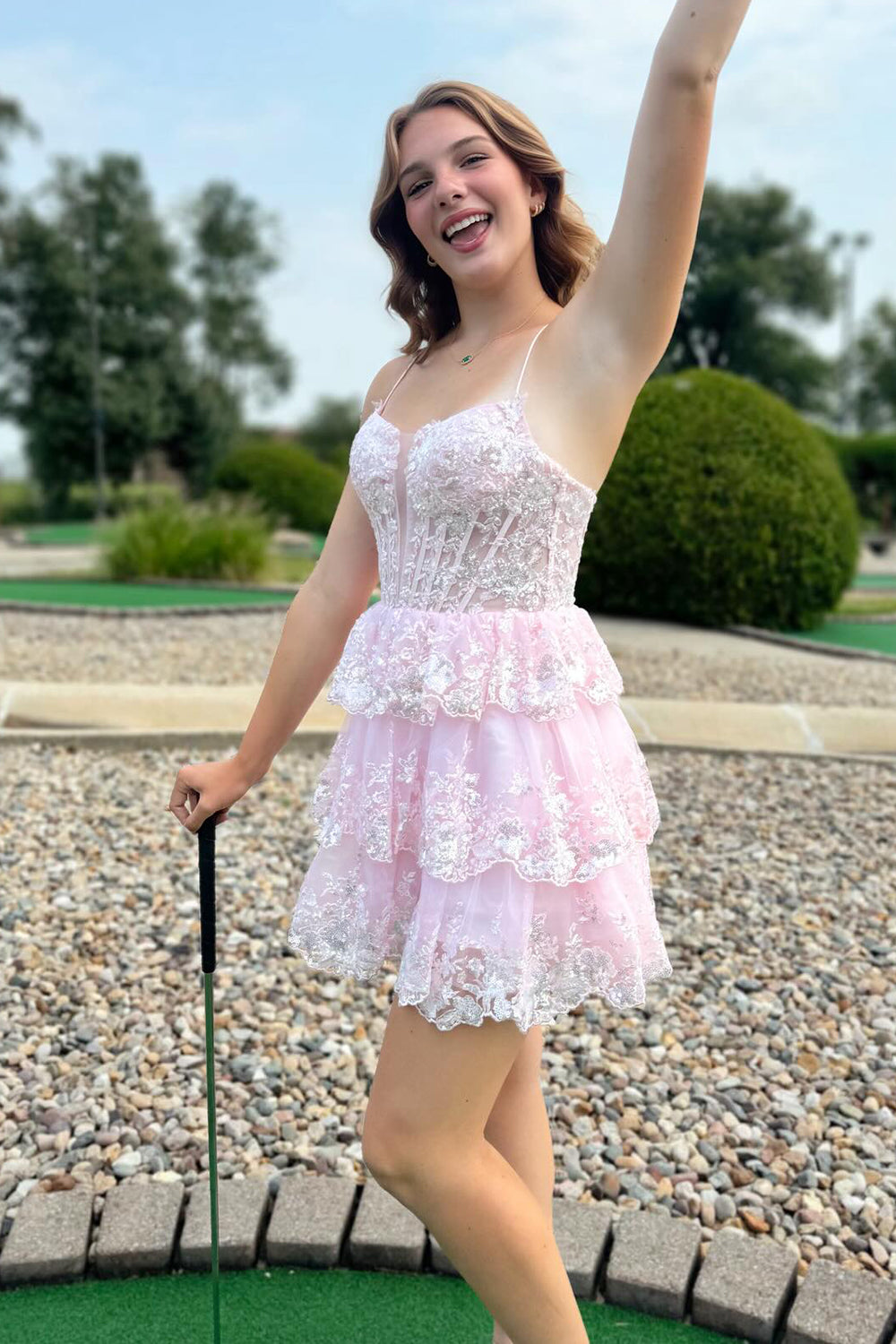 Sparkly A Line Pink Corset Short Homecoming Dress/Mini Dress with Lace-Up Back