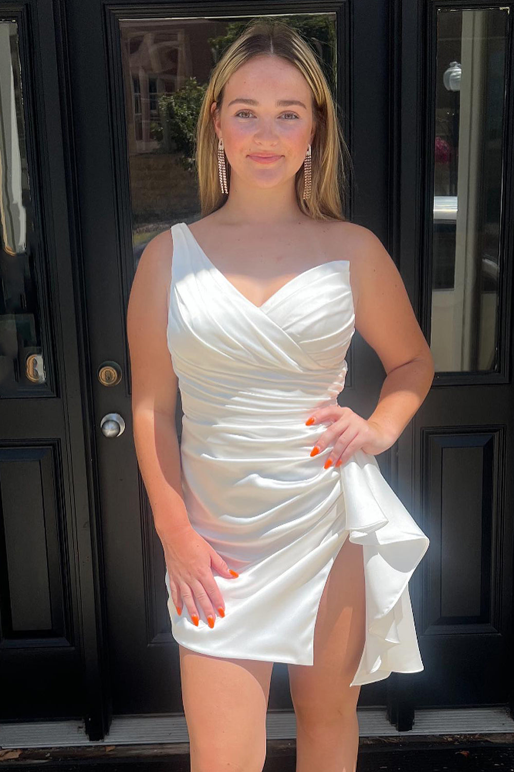 Orange One Shoulder Tight Satin Homecoming Dress/Mini Dress with Slit