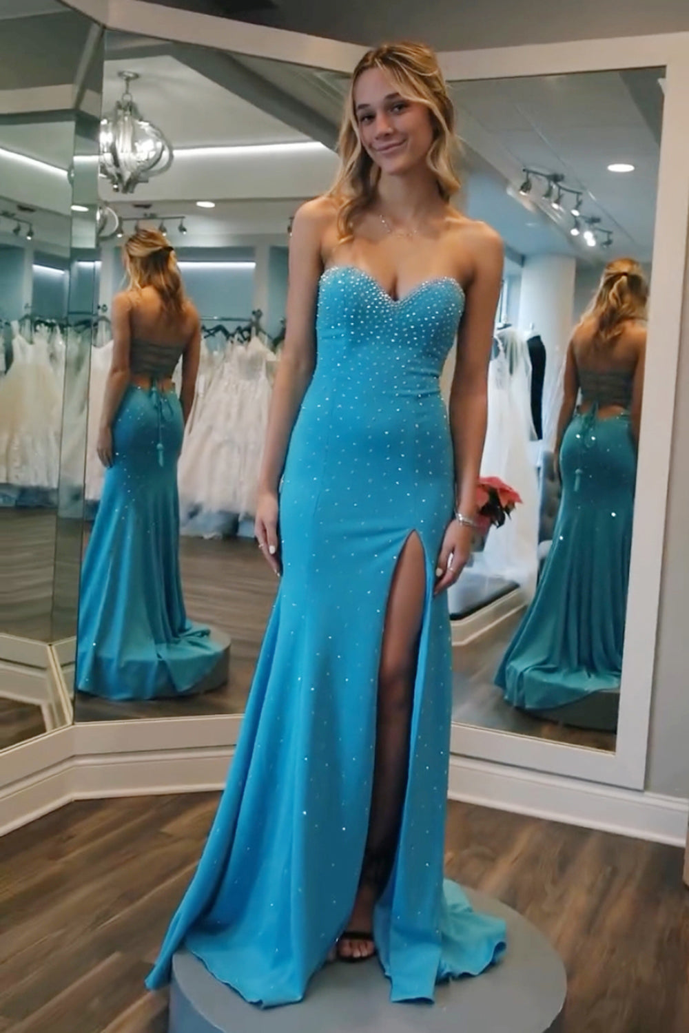 Sweetheart Blue Glitter Beaded Long Mermaid Prom Dress Featuring a Slit