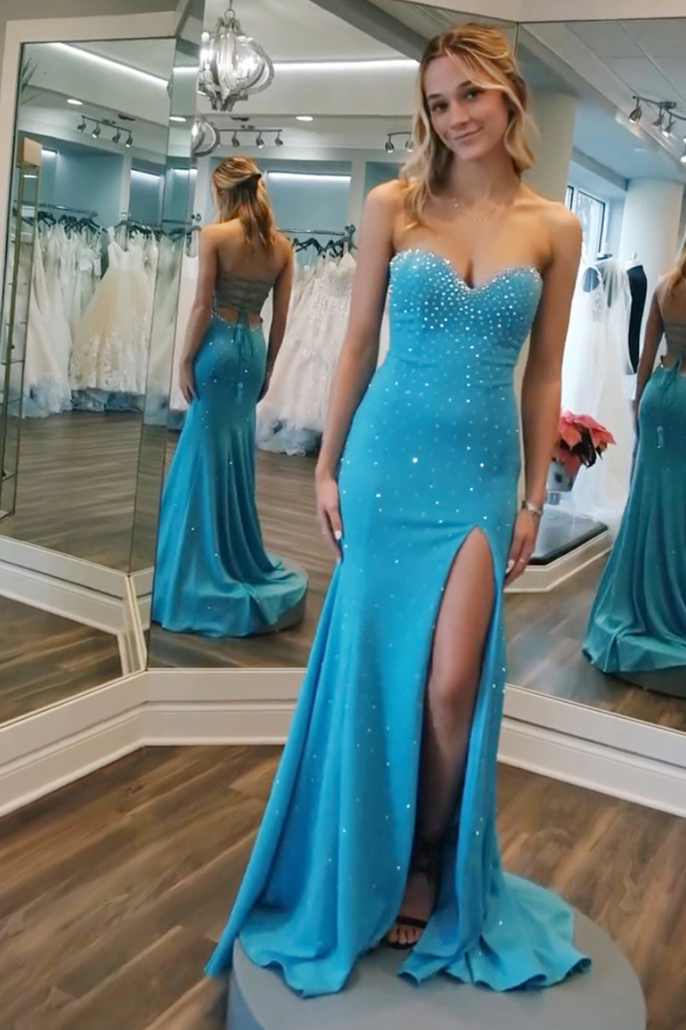 Sweetheart Blue Glitter Beaded Long Mermaid Prom Dress Featuring a Slit
