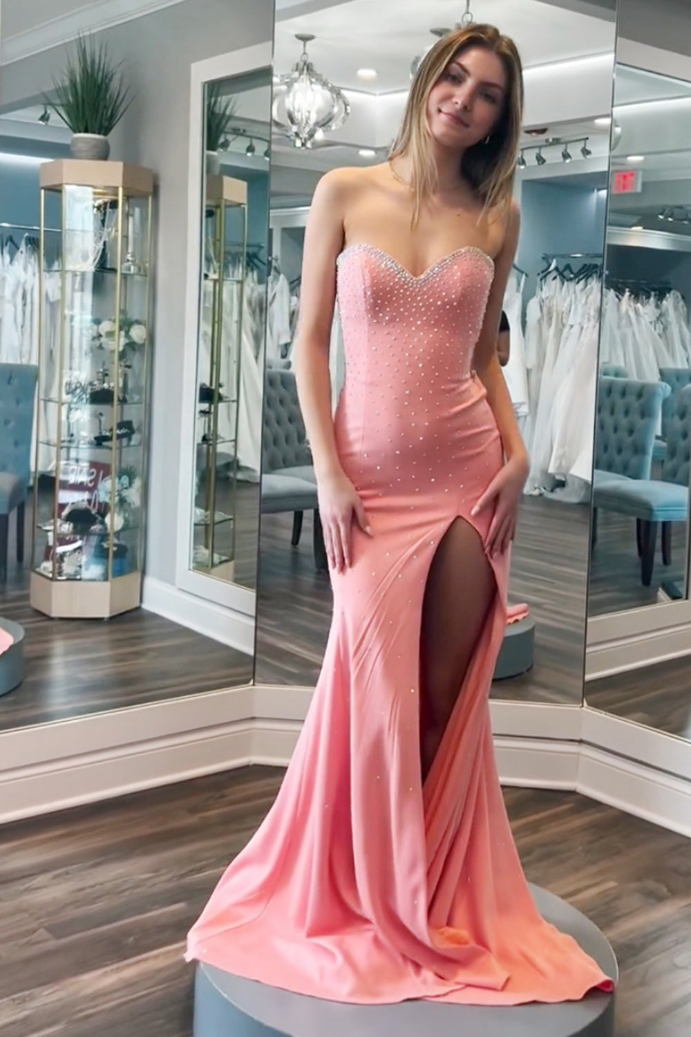 Sweetheart Blue Glitter Beaded Long Mermaid Prom Dress Featuring a Slit