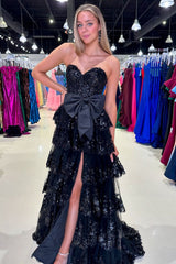 Long Black Sparkly A-Line Corset Prom Dress with Sweetheart Neckline Ruffles Sequins and Bow