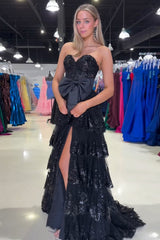 Long Black Sparkly A-Line Corset Prom Dress with Sweetheart Neckline Ruffles Sequins and Bow