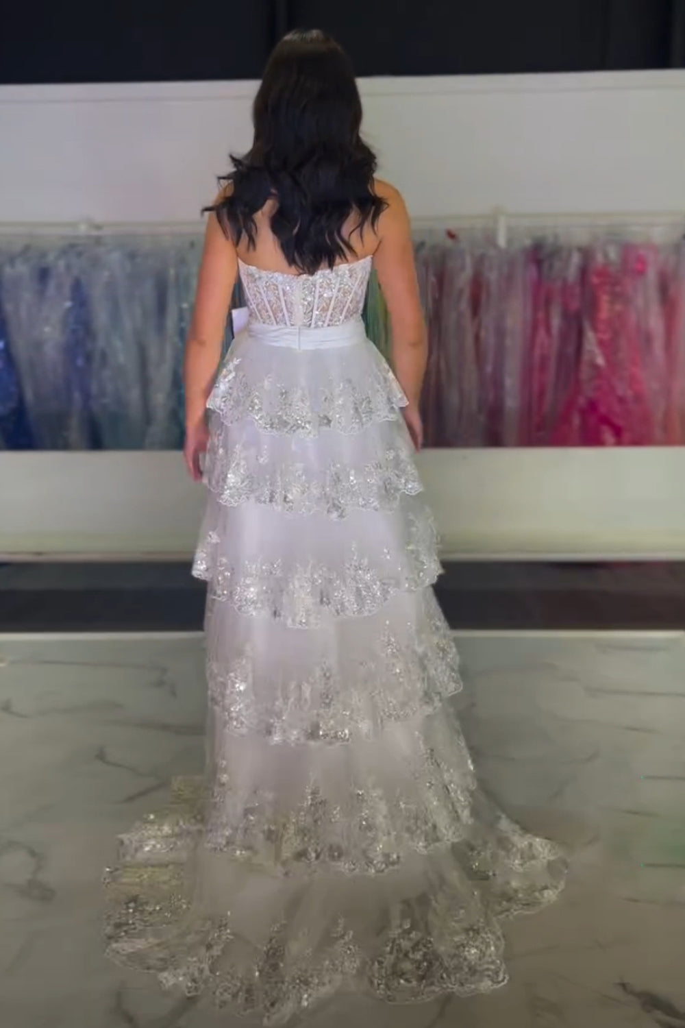 Long Black Sparkly A-Line Corset Prom Dress with Sweetheart Neckline Ruffles Sequins and Bow