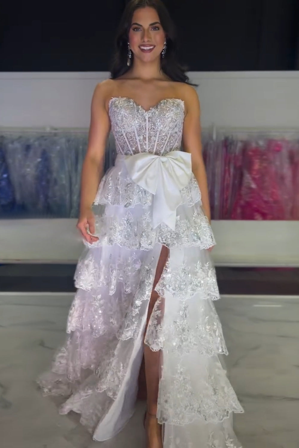 Long Black Sparkly A-Line Corset Prom Dress with Sweetheart Neckline Ruffles Sequins and Bow