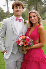 Long A-Line Prom Dress with Purple Spaghetti Straps Ruffled Open Back and Slit