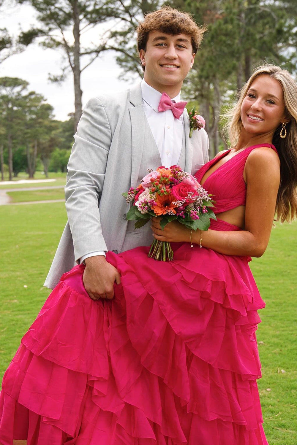 Long A-Line Prom Dress with Purple Spaghetti Straps Ruffled Open Back and Slit