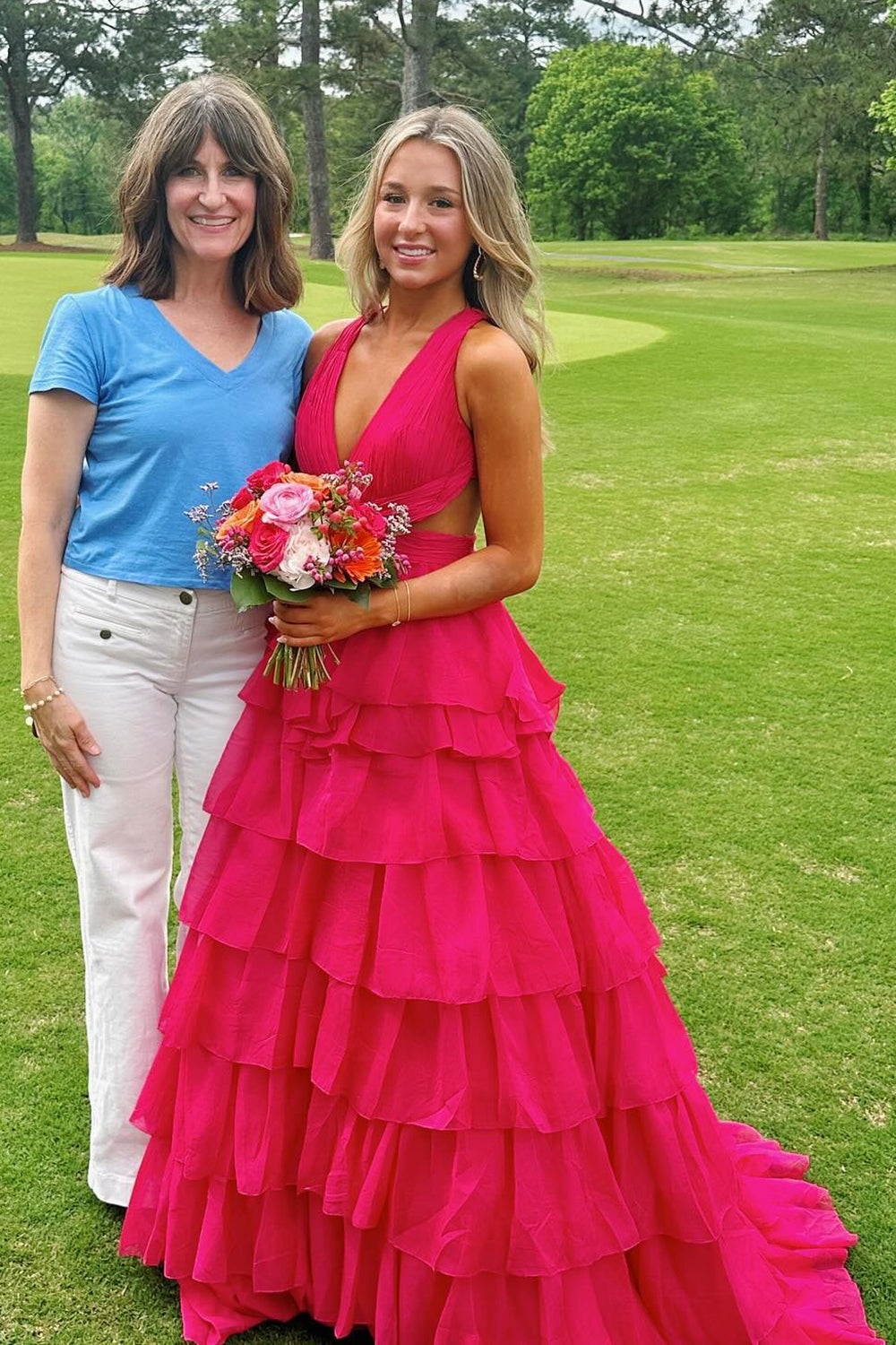 Long A-Line Prom Dress with Purple Spaghetti Straps Ruffled Open Back and Slit
