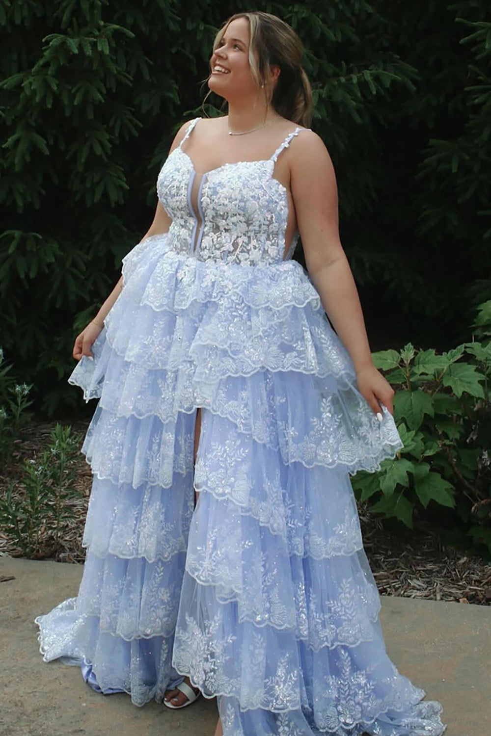 Black Sparkling Spaghetti Strap A-Line Long Corset Prom Dress with Sequins Tiers and Slit