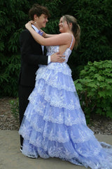Black Sparkling Spaghetti Strap A-Line Long Corset Prom Dress with Sequins Tiers and Slit