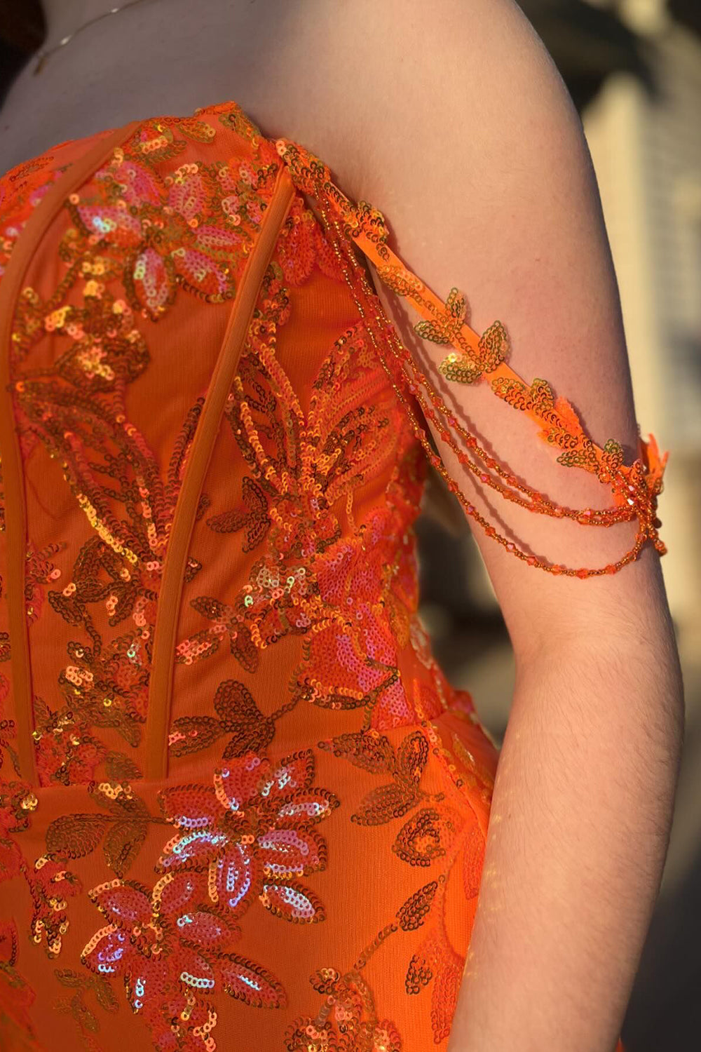 Long Orange Sparkly Mermaid Corset Prom Dress with Slit and Off-the-Shoulder Sequins