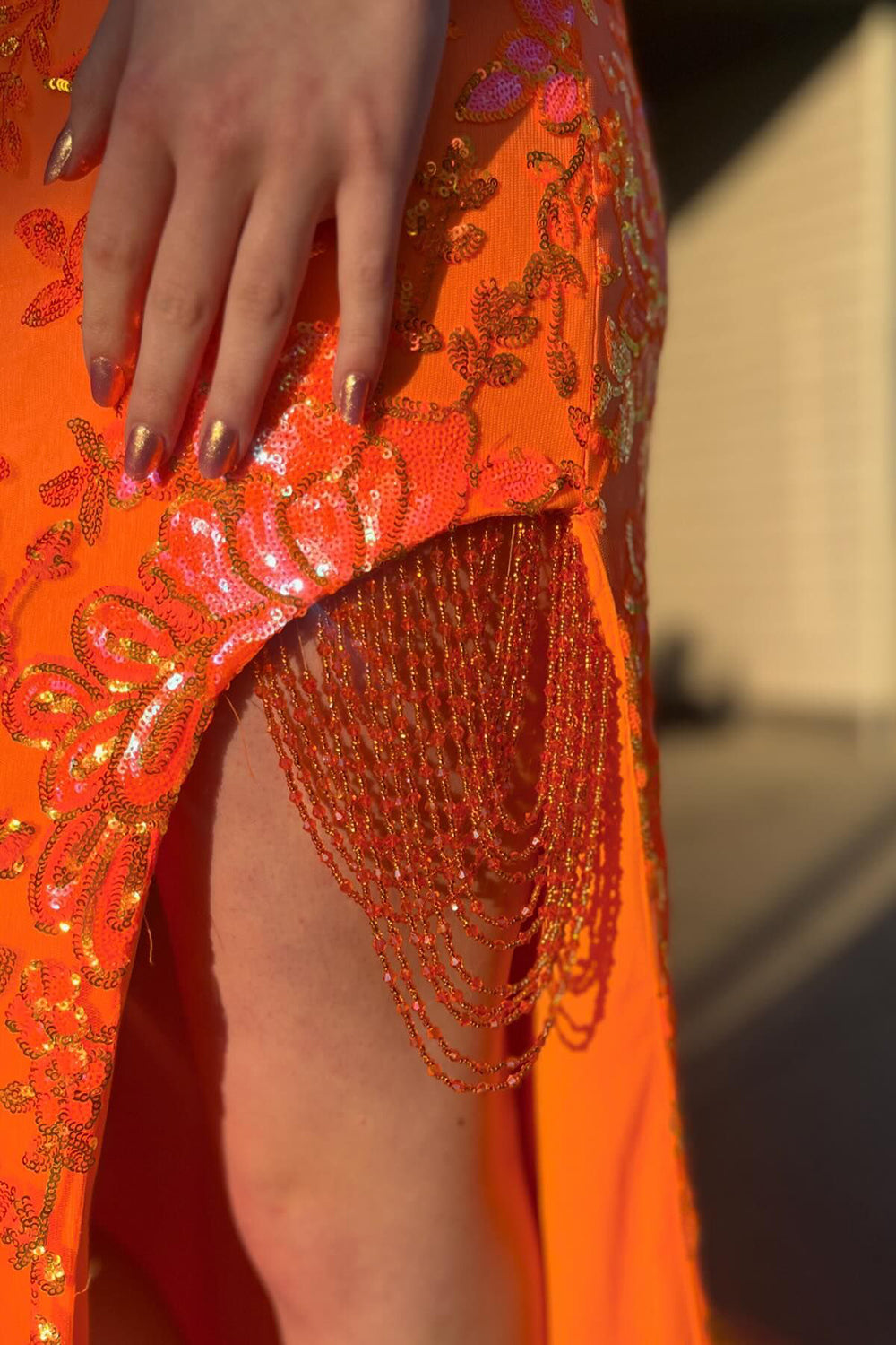 Long Orange Sparkly Mermaid Corset Prom Dress with Slit and Off-the-Shoulder Sequins