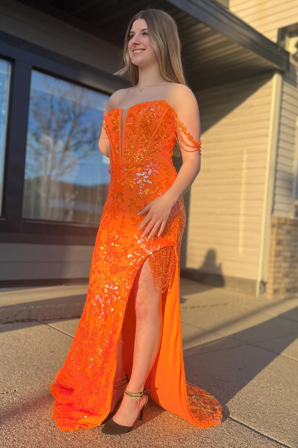 Long Orange Sparkly Mermaid Corset Prom Dress with Slit and Off-the-Shoulder Sequins