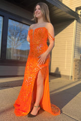 Long Orange Sparkly Mermaid Corset Prom Dress with Slit and Off-the-Shoulder Sequins