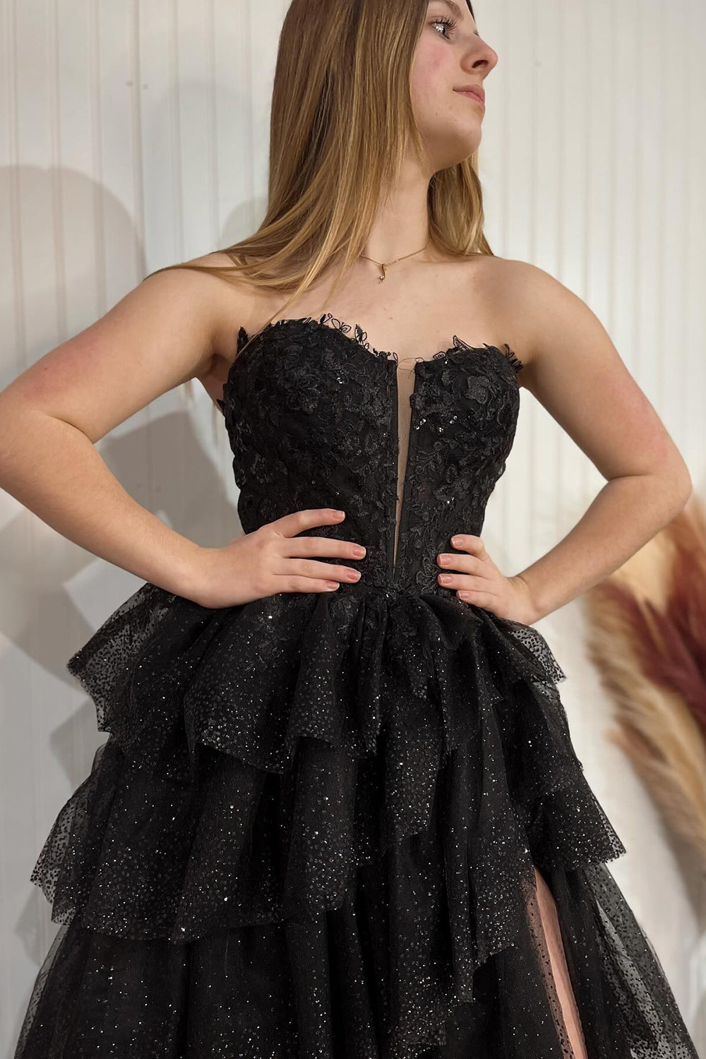 Black Sparkle Sweetheart Corset Prom Gown with Tiered Tulle and Appliques
