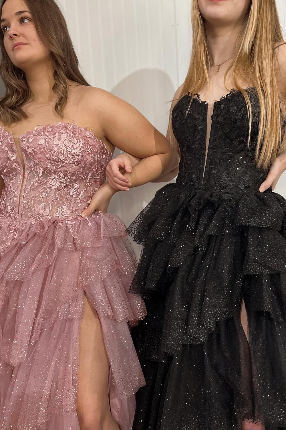 Black Sparkle Sweetheart Corset Prom Gown with Tiered Tulle and Appliques