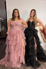 Black Sparkle Sweetheart Corset Prom Gown with Tiered Tulle and Appliques