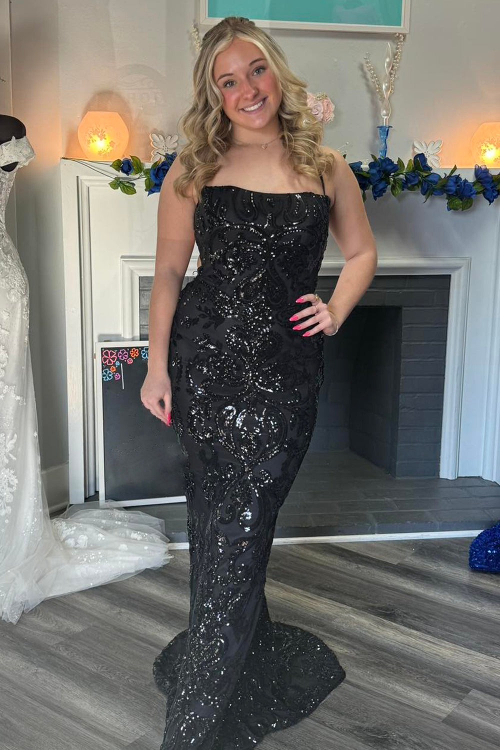 Long Black Prom Dress with Sparkly Mermaid Sequins and Spaghetti Straps